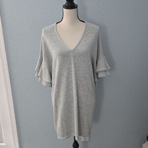 BCBGeneration Flutter Sleeve Mini Dress Gray Sweatshirt Knit V Neck Sz Large